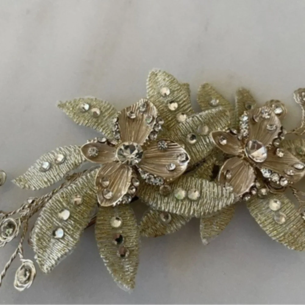 Wedding Hair Clip with Crystals, Metallic Flowers & Leaves​​​​